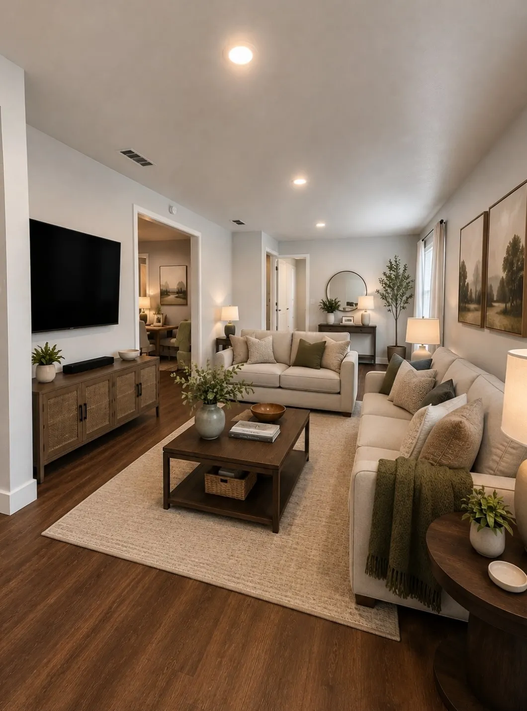 Recessed lighting illuminates the living space featuring wood-finish flooring. Image has been virtually staged.