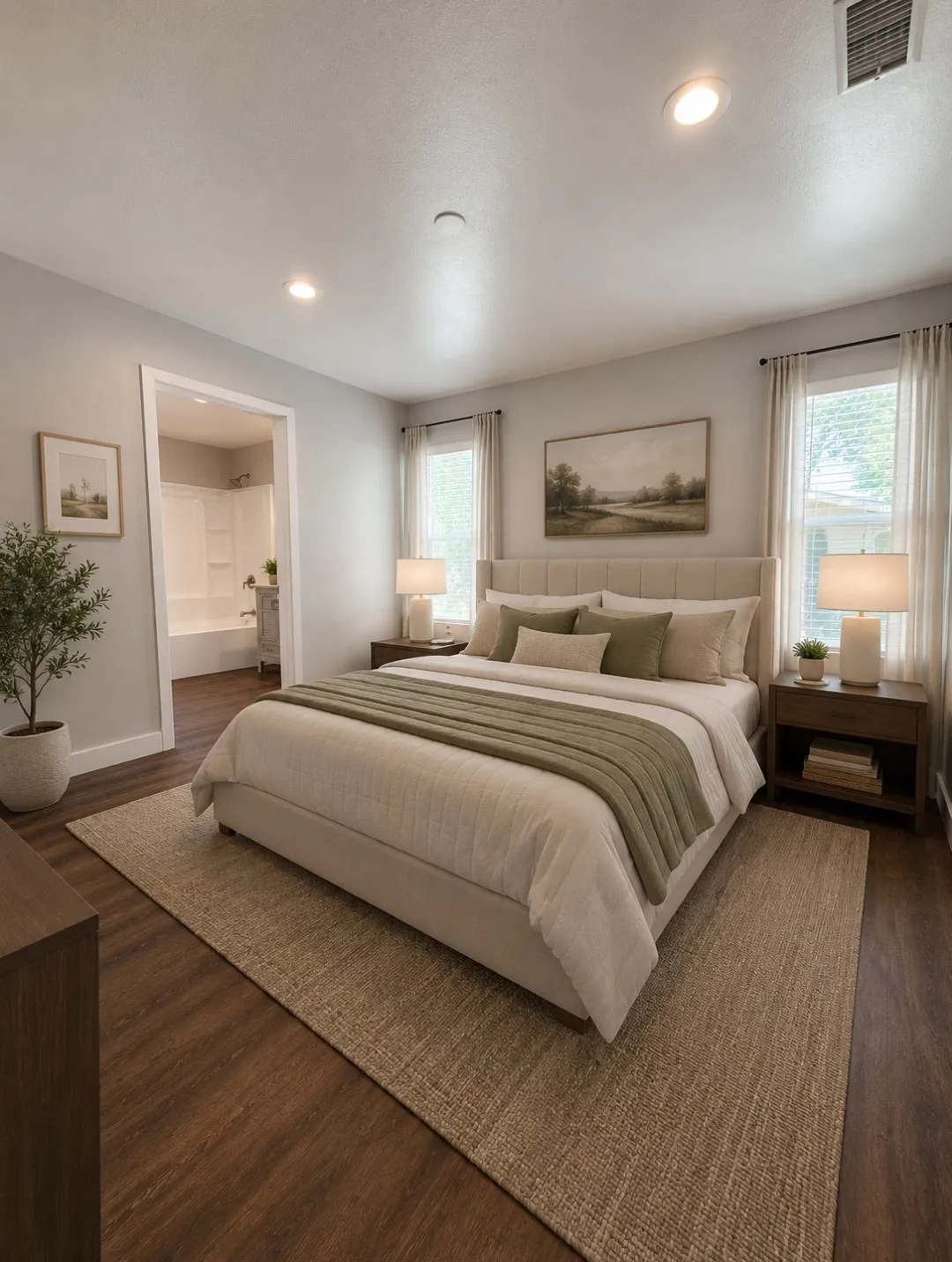 Wood-finish flooring throughout, recessed lighting, and dual windows with natural light. Image has been virtually staged.