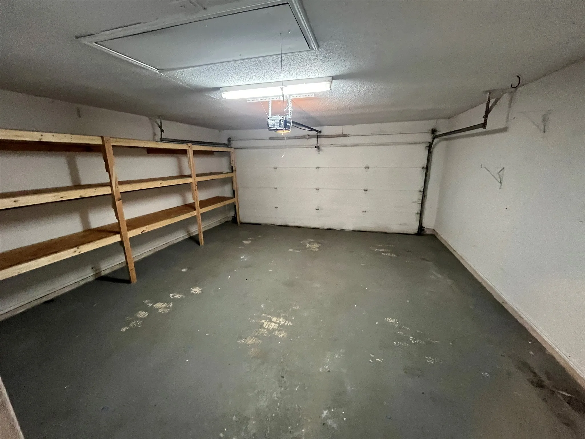 Attached garage with a sectional overhead door, built-in wooden shelving, and fluorescent lighting