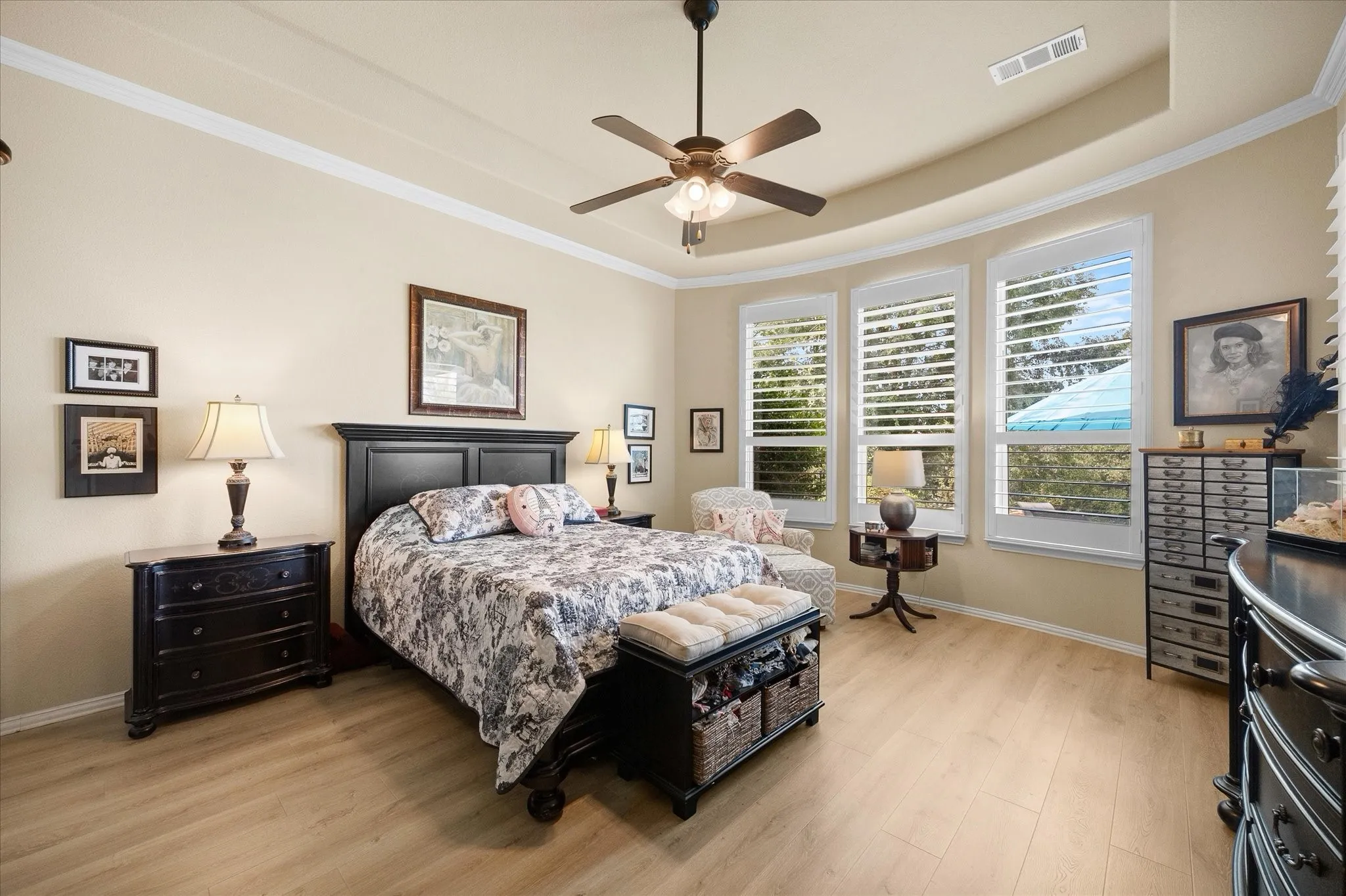 Master bedroom includes beautiful views of private backyard with Koi pond and pool.