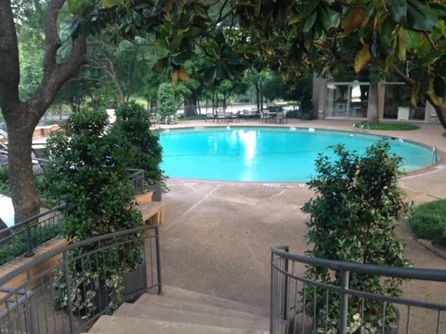 The pool surrounded by lush landscaping, looking down from the mezzanine deck level.