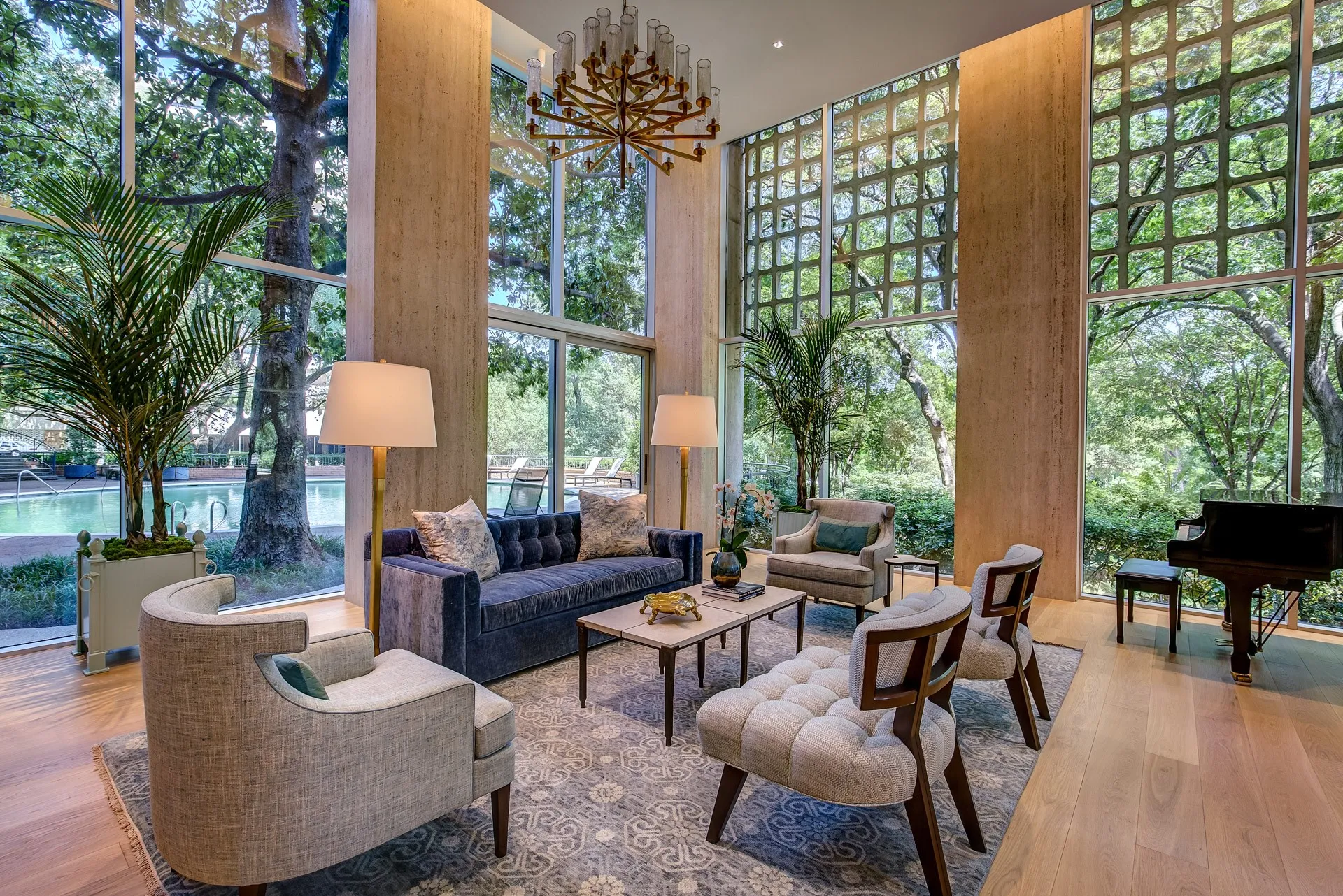 The seating area in the Turtle Room overlooks the pool and expansive grounds.