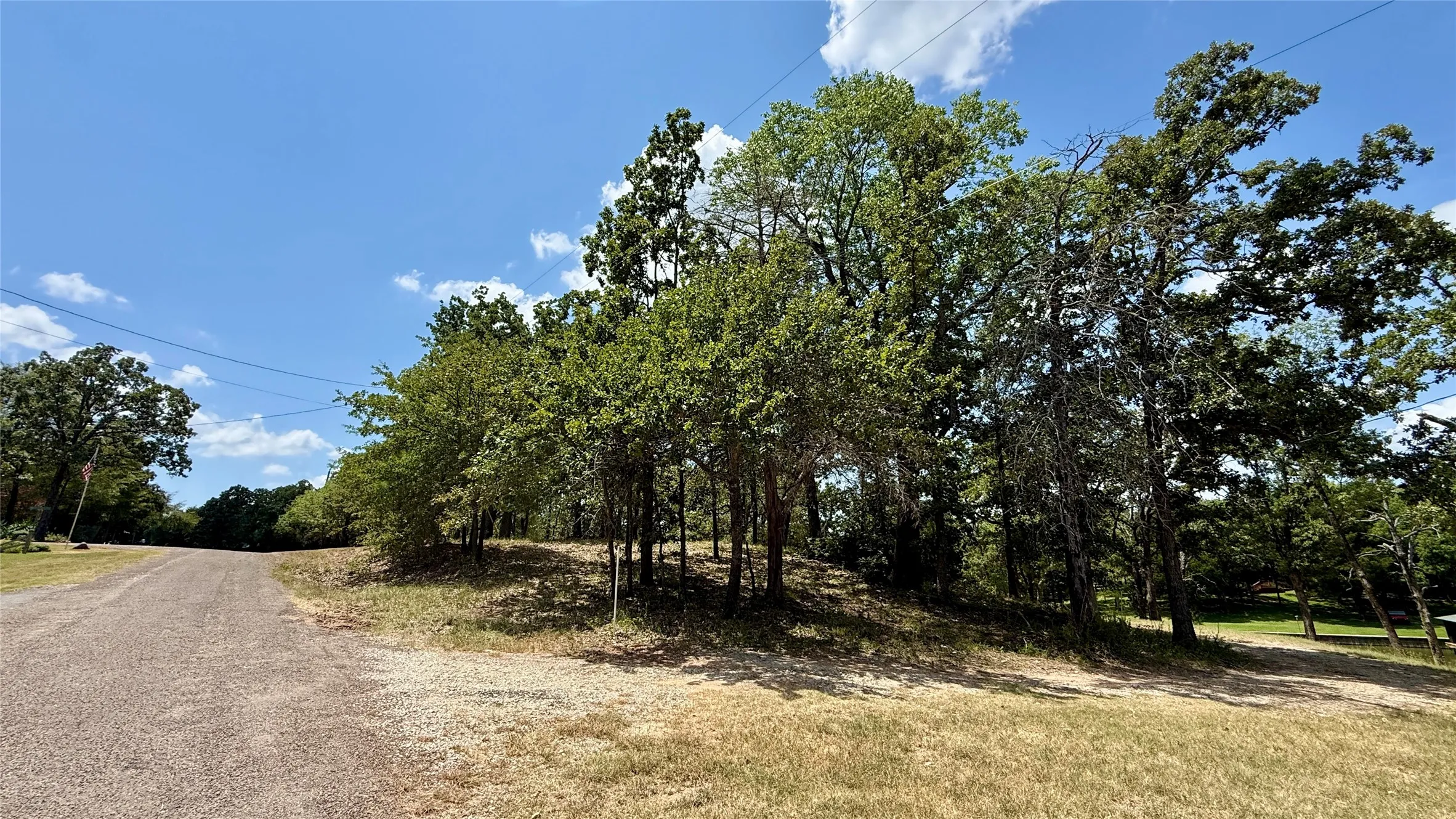 Street view shows the wooded frontage and established access to Lots 8 and 13 on Cambridge Drive in Streetman, Texas.
