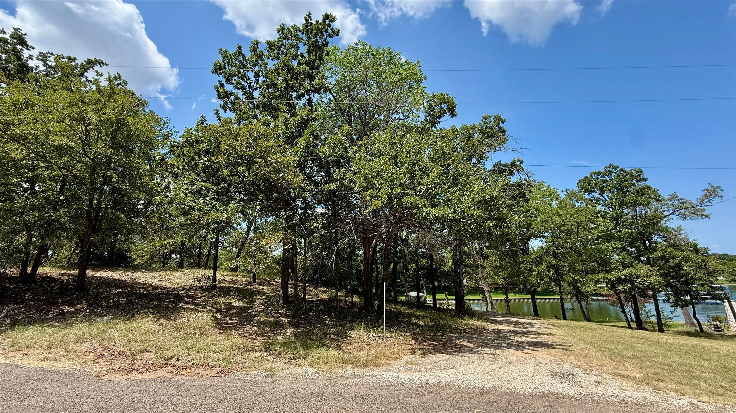 Mature shade trees and gently sloping terrain provide an attractive setting for a future custom lake home or weekend retreat.