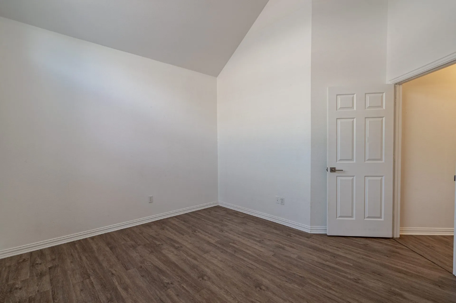 Vaulted ceiling, wood-finish flooring, white paneled door, satin nickel door hardware, bright interior