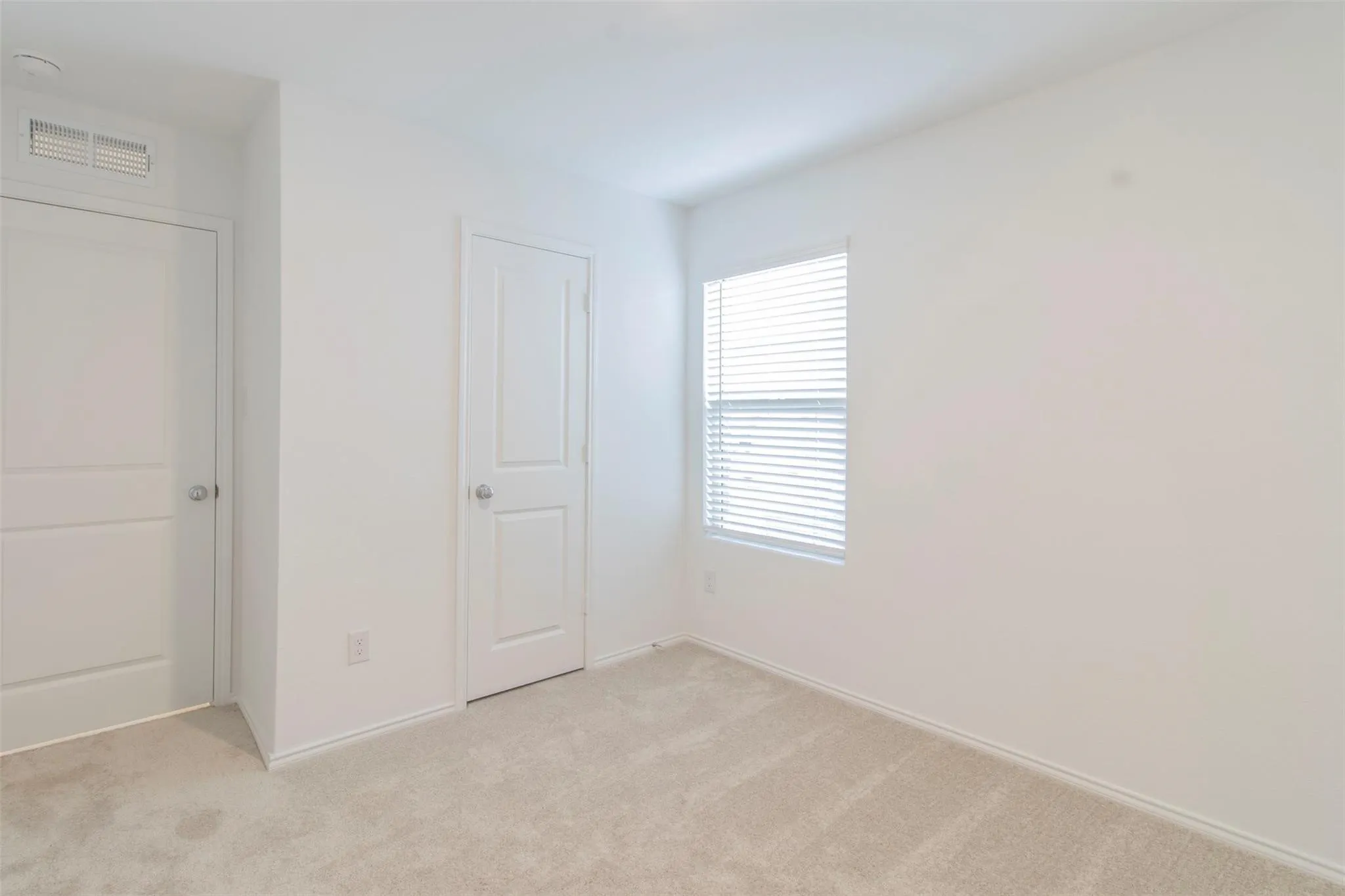 Neutral wall color, window with horizontal blinds, light-toned carpet flooring, and two panel doors