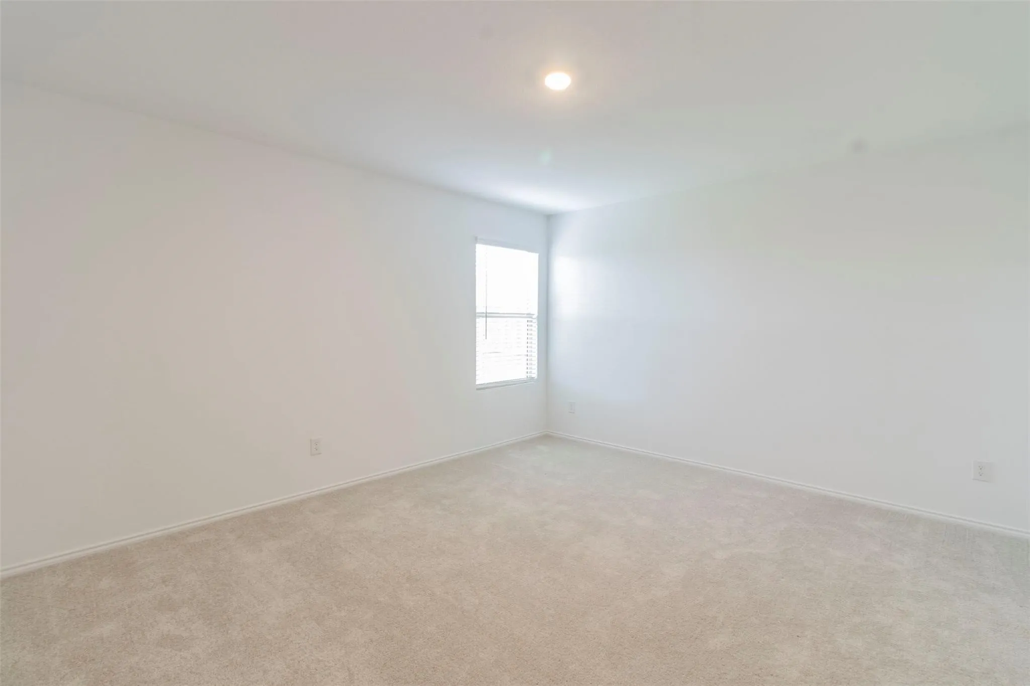 Recessed lighting, neutral tone carpet flooring, window with blinds, and white painted walls