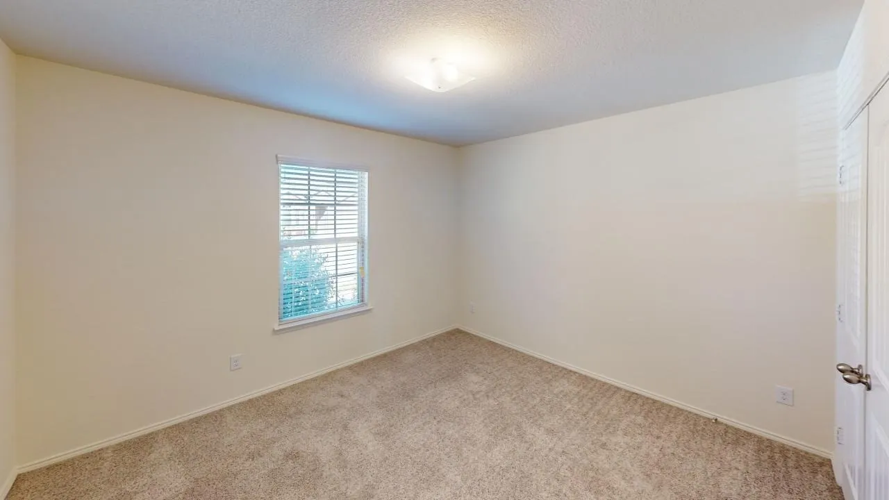 Window with horizontal blinds and ceiling-mounted light fixture
