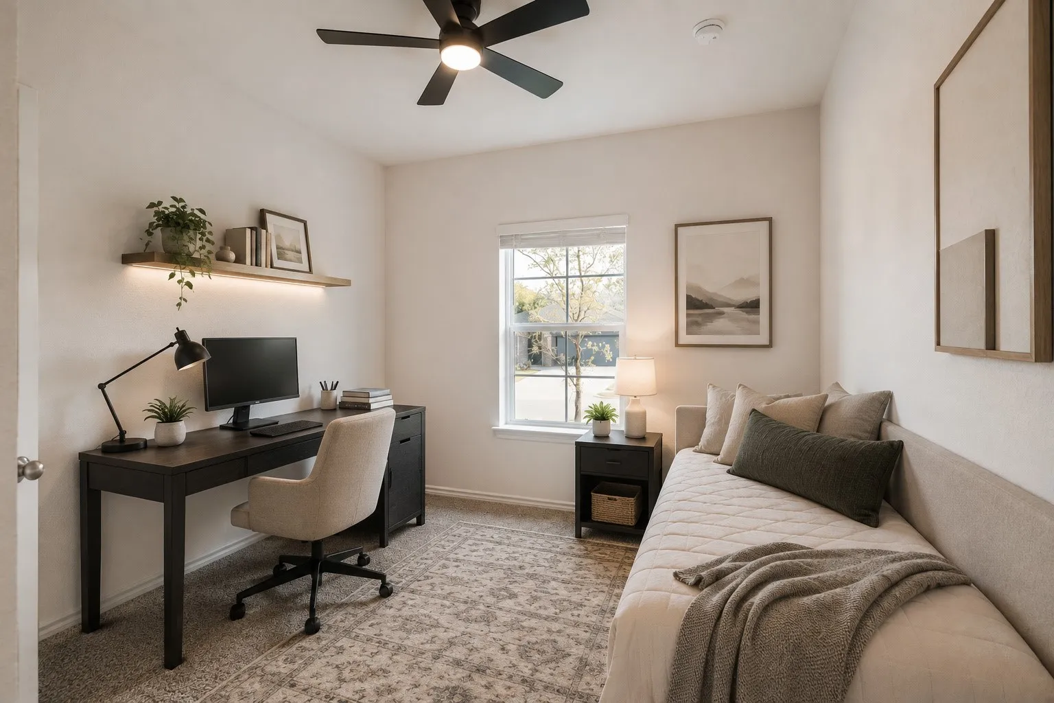 Secondary first-floor bedroom offers privacy and convenience, perfect for guests, a home office or flexible needs.