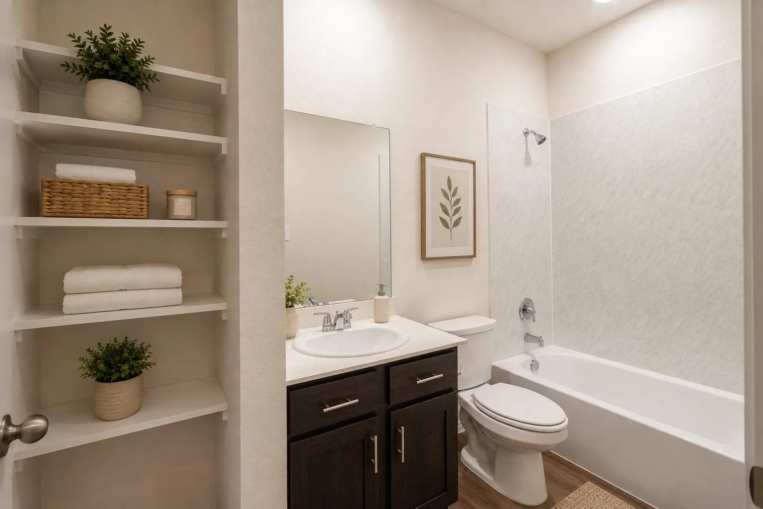 Secondary bathroom on 1st floor features spacious tub. Upgraded cabinet pulls and built-ins for storage and linen.