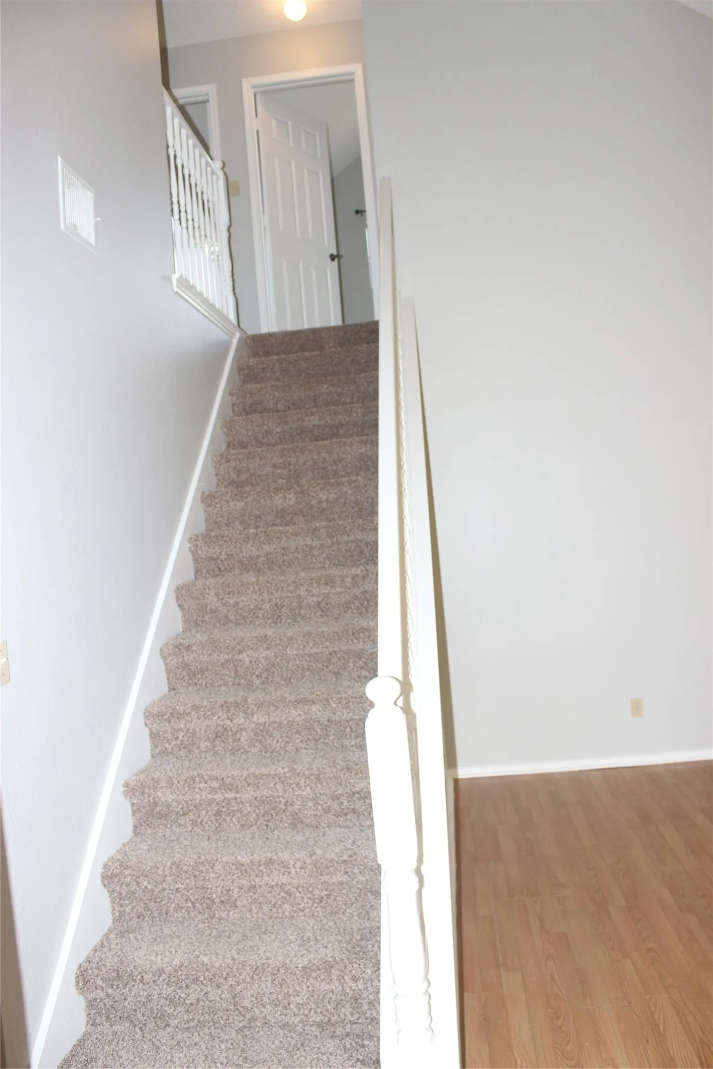 Carpeted staircase with white balusters leading to an upper level with a paneled door