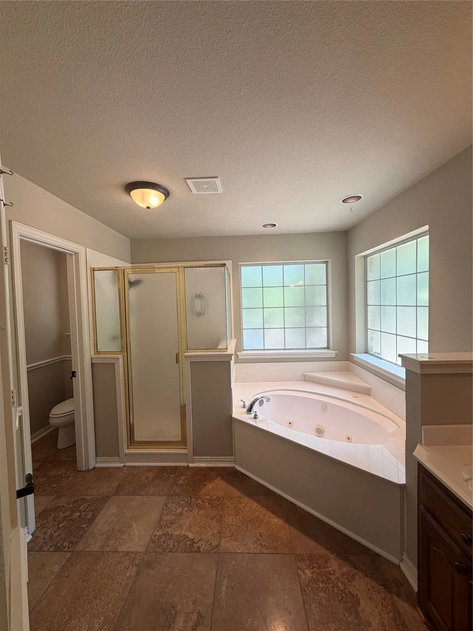 Master bath Corner soaking tub, separate shower enclosure, tiled flooring, vanity cabinet with countertop, and multiple windows, walk in closet