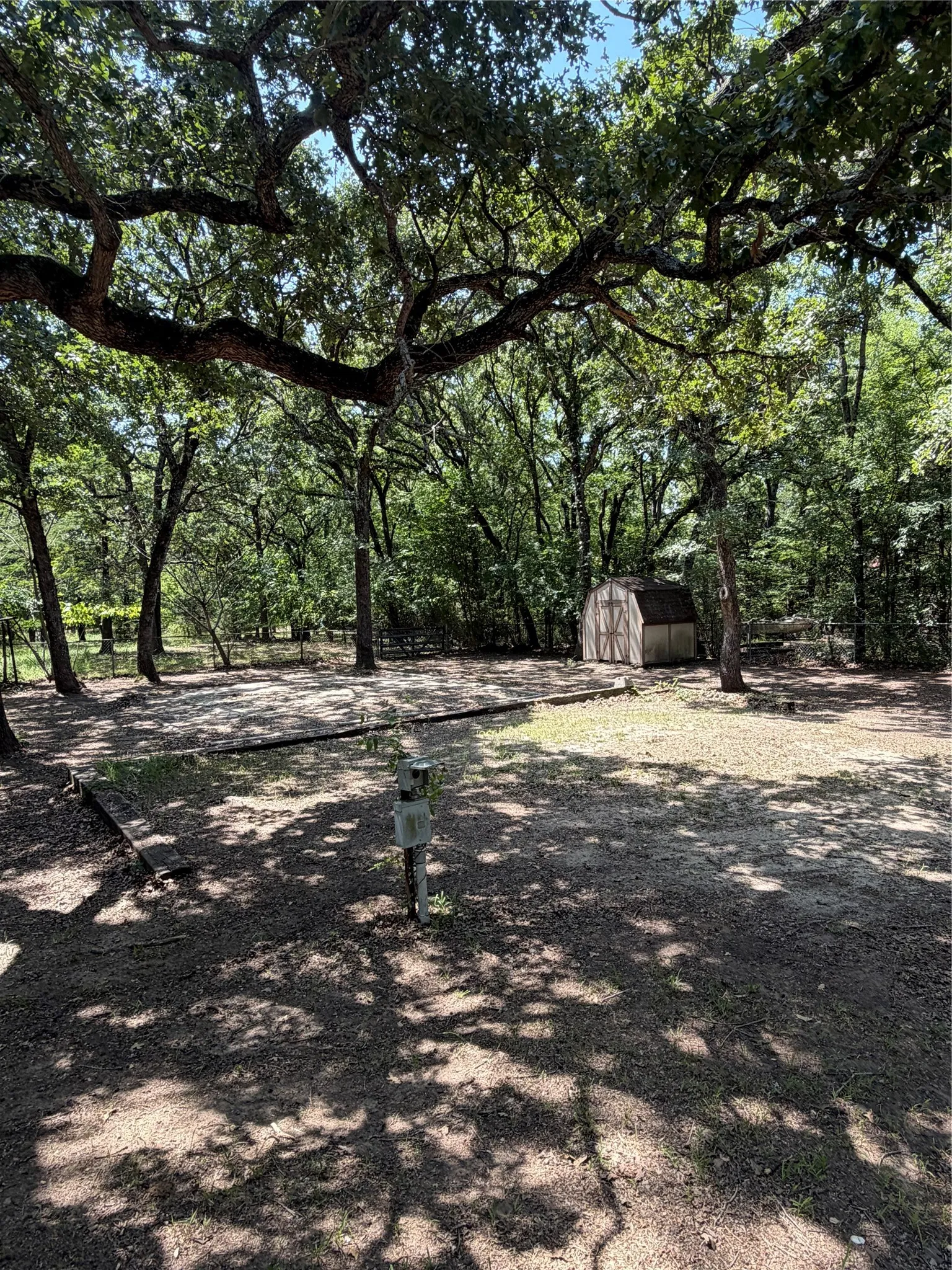 Expansive wooded lot featuring mature trees, storage shed with a gable roof, RV pad and hookups.