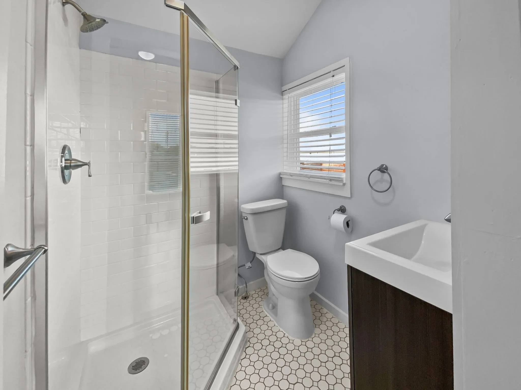 Glass-enclosed shower with subway tile surround, hexagonal tile flooring, and a modern vanity with integrated sink