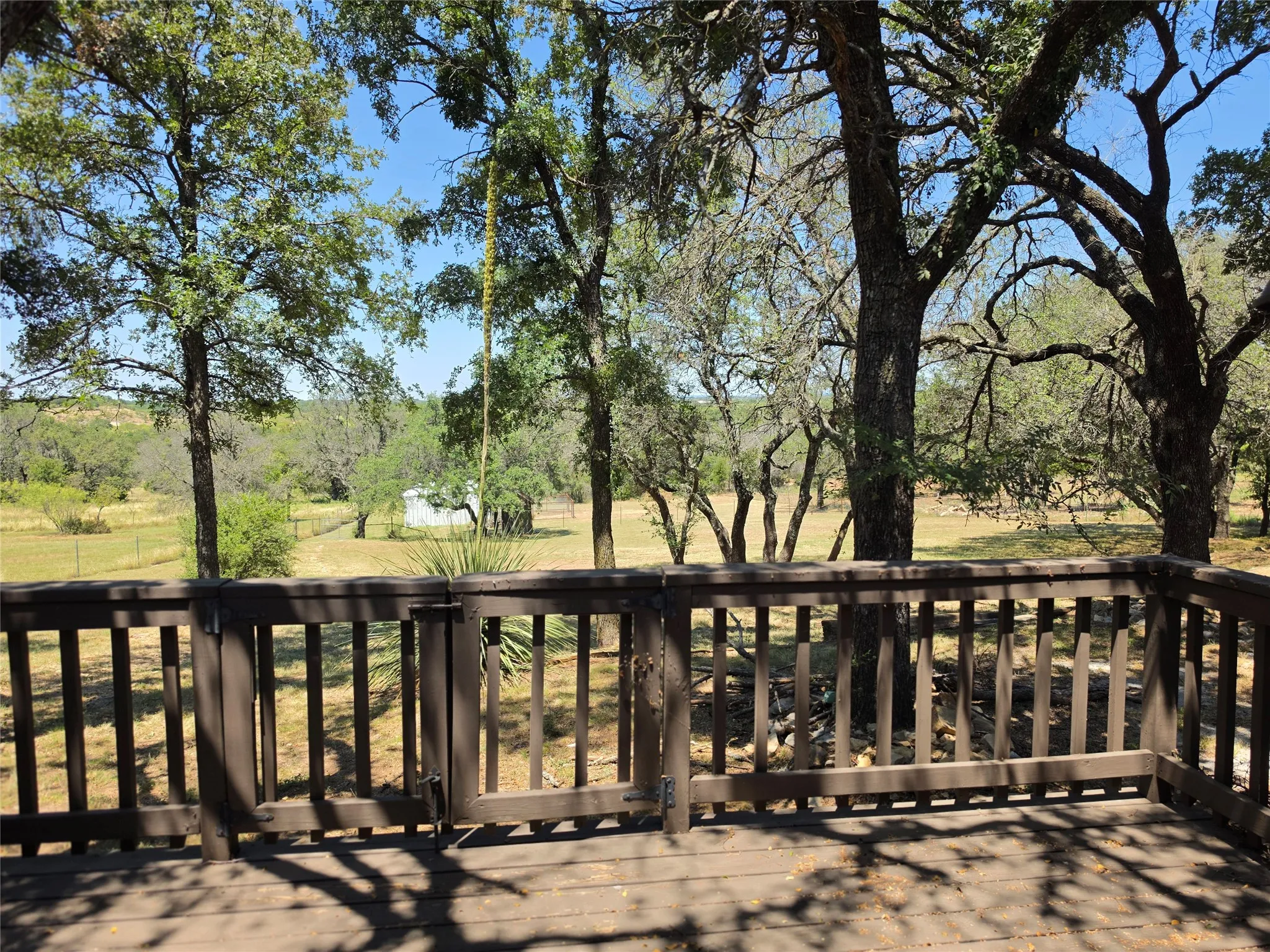 Expansive wooden deck with a matching wooden railing, offering direct access to the surrounding natural landscape with mature trees and open fields