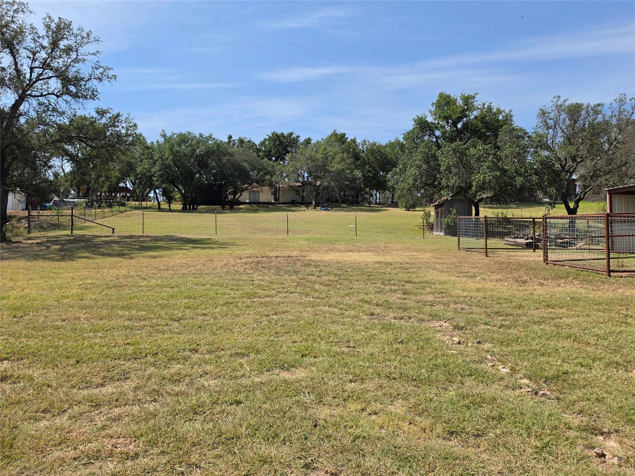 Expansive open acreage with mature trees and a rustic shed