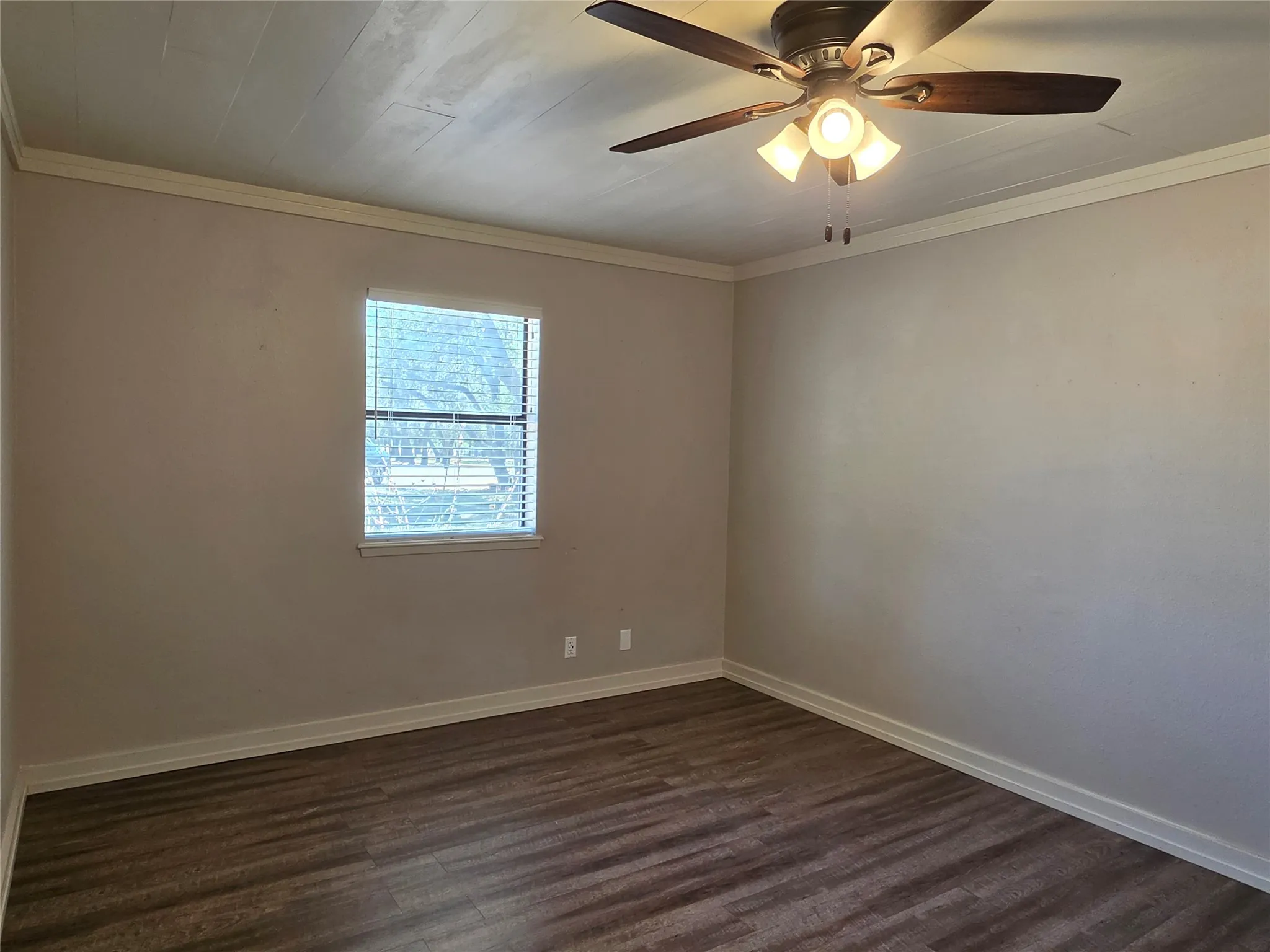 Wood-finish flooring, single window with blinds, ceiling fan with integrated lighting, and crown molding