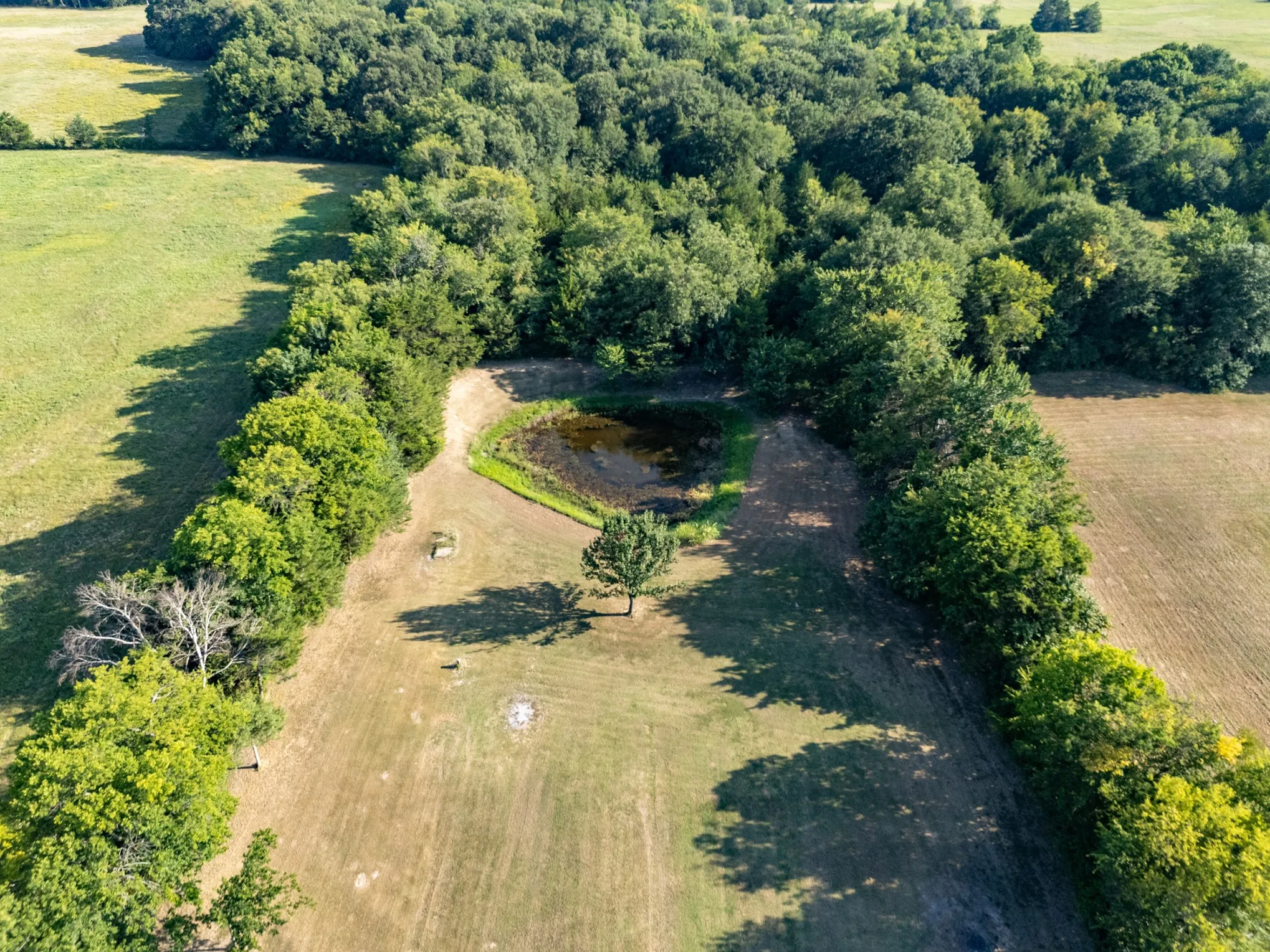 Expansive acreage featuring a natural pond, surrounding mature trees, open fields, and wooded areas