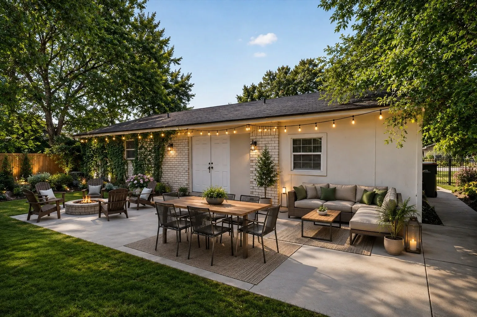 Some furniture, a firepit, and lighting, and your back patio is transformed!