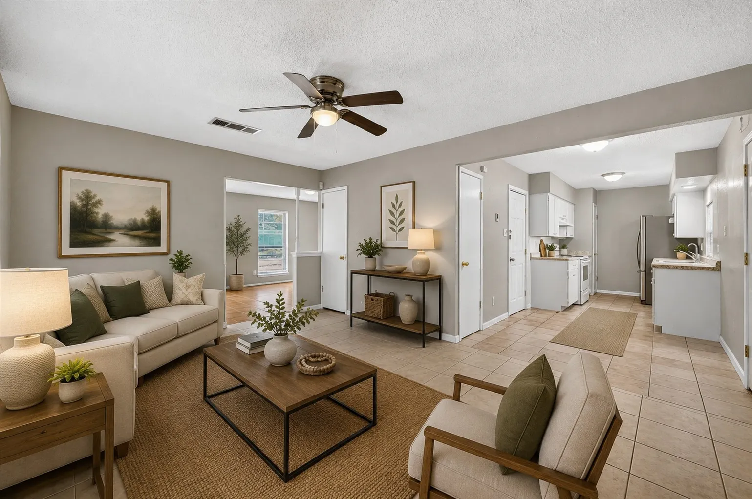 Virtually staged to illustrate the potential of this inviting family room and its open connection to the kitchen.