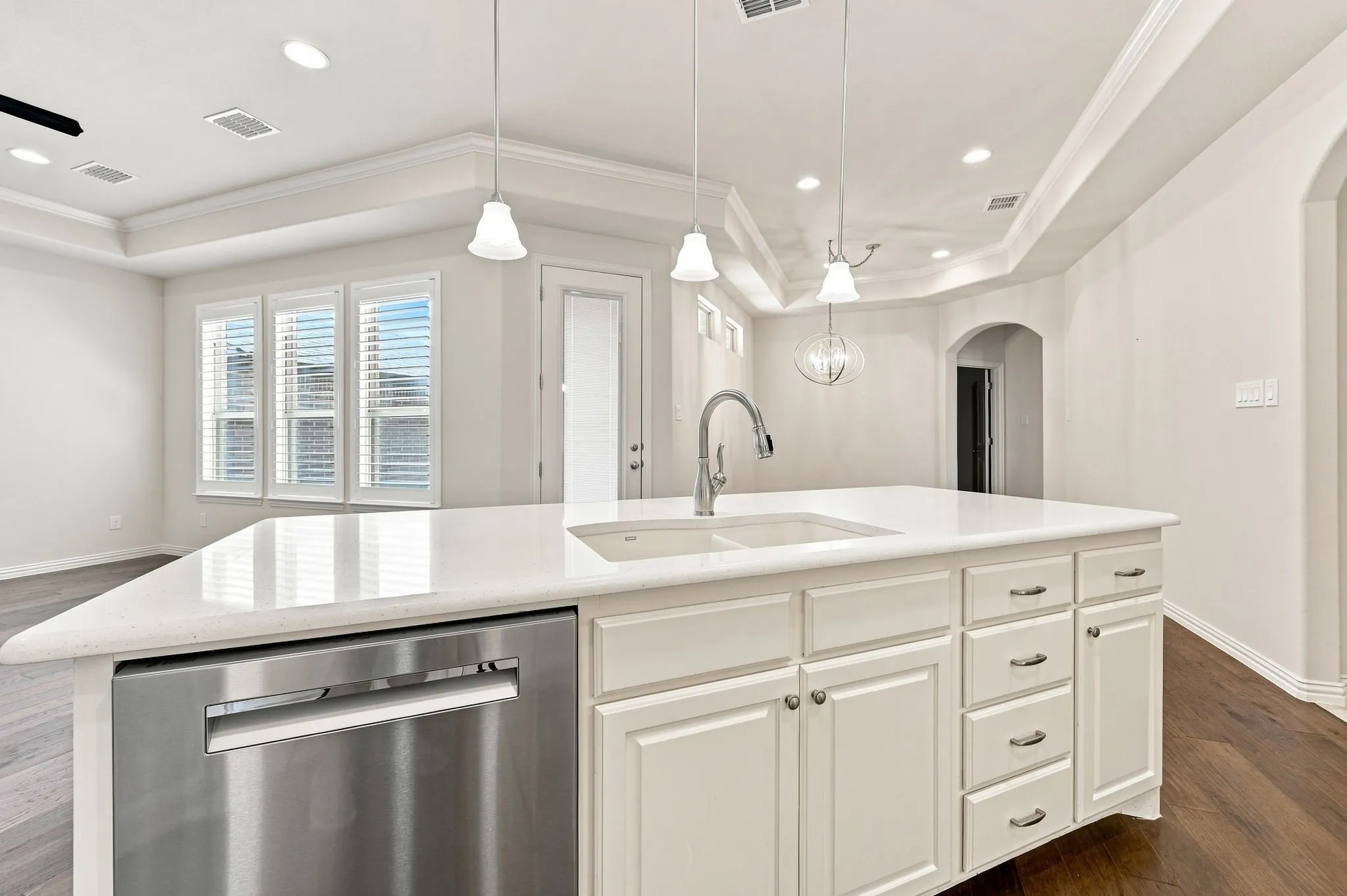Kitchen island featuring a double basin sink, stainless steel dishwasher, pendant lighting, and white cabinetry