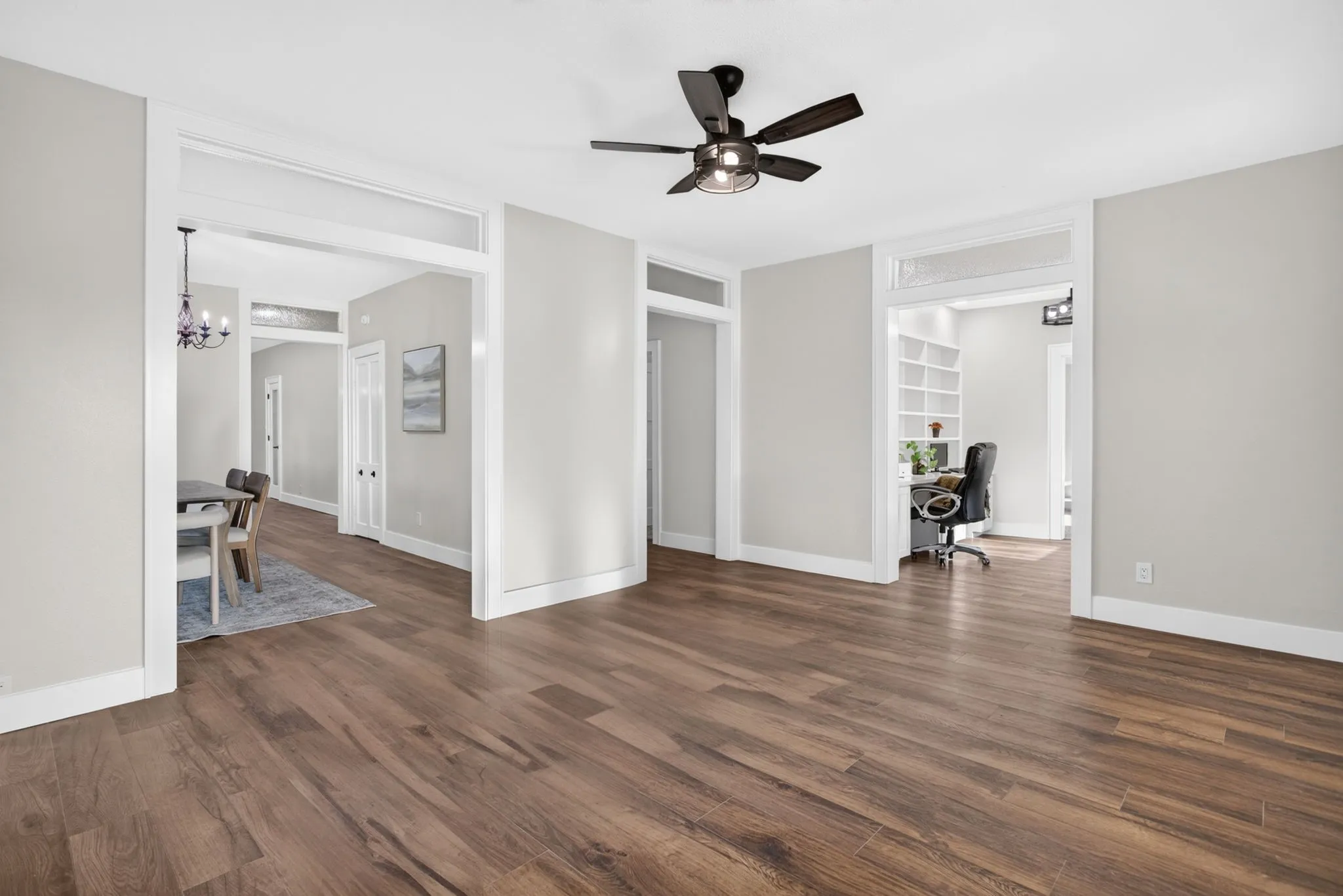From left to right: dining leading into the kitchen; hallway leading to secondary bedrooms; study that passes through to the family room.