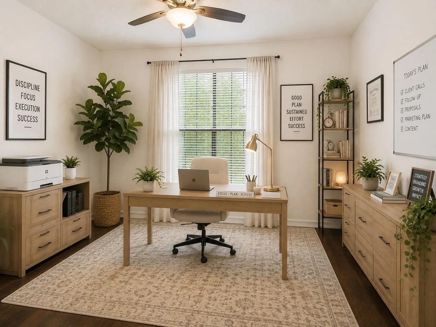 Virtually staged-Recessed lighting and ceiling fan, wood-finish flooring, and a large window with blinds