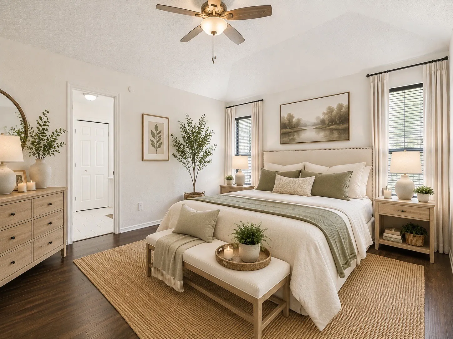 Virtually staged- Vaulted ceiling with a ceiling fan, dark wood-finish flooring, and recessed windows with blinds