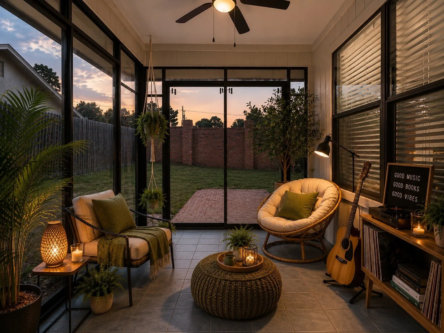 Virtually staged-Sun room featuring a ceiling fan with integrated lighting, tiled flooring, and multiple window panels