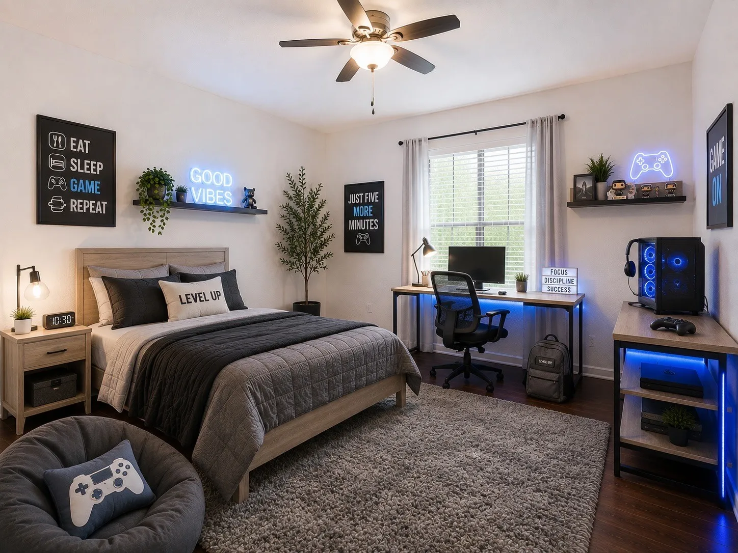 Virtually staged room with wood-finish flooring, a ceiling fan, and a window with blinds