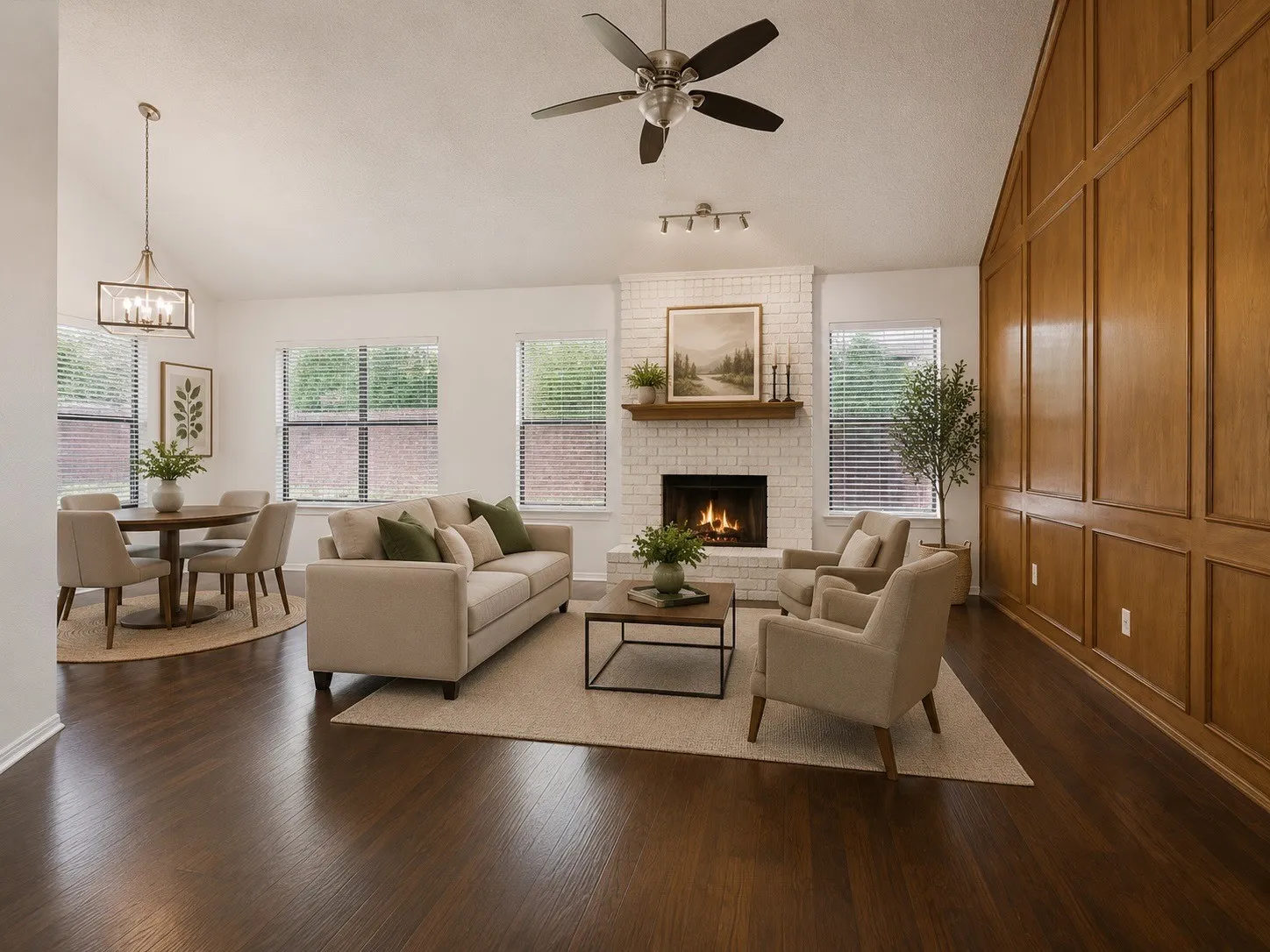 Vaulted ceiling, wood-finish flooring, white brick fireplace, wood-paneled accent wall, and a rectangular pendant light fixture