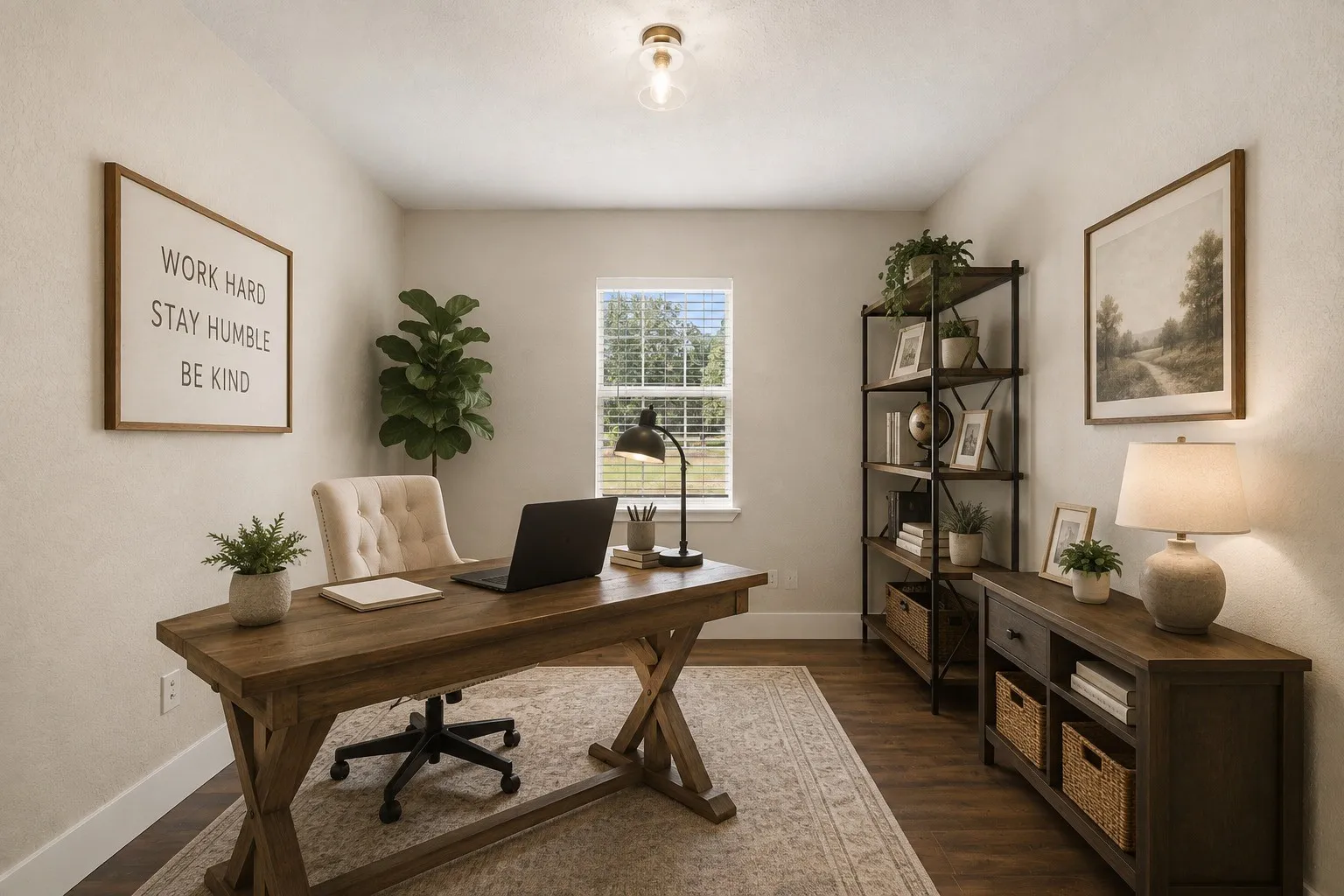 Recessed lighting, wood-finish flooring, and a single window with blinds
