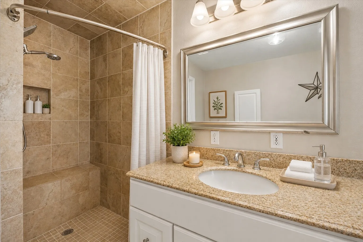 Shower with integrated bench and niche, white vanity with an undermount sink, granite countertop, and a large framed mirror