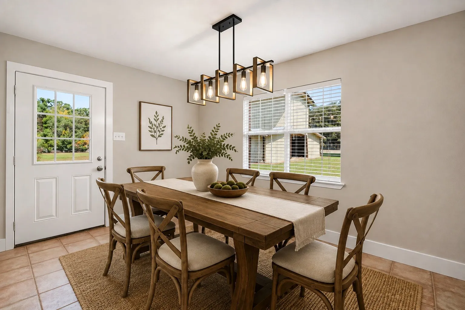 Wood-finish dining table with a linear chandelier, ample natural light, and tile flooring