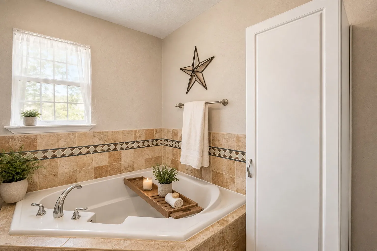 Corner soaking tub with polished chrome fixtures, surrounded by ceramic tile with a decorative accent band, and a white framed window