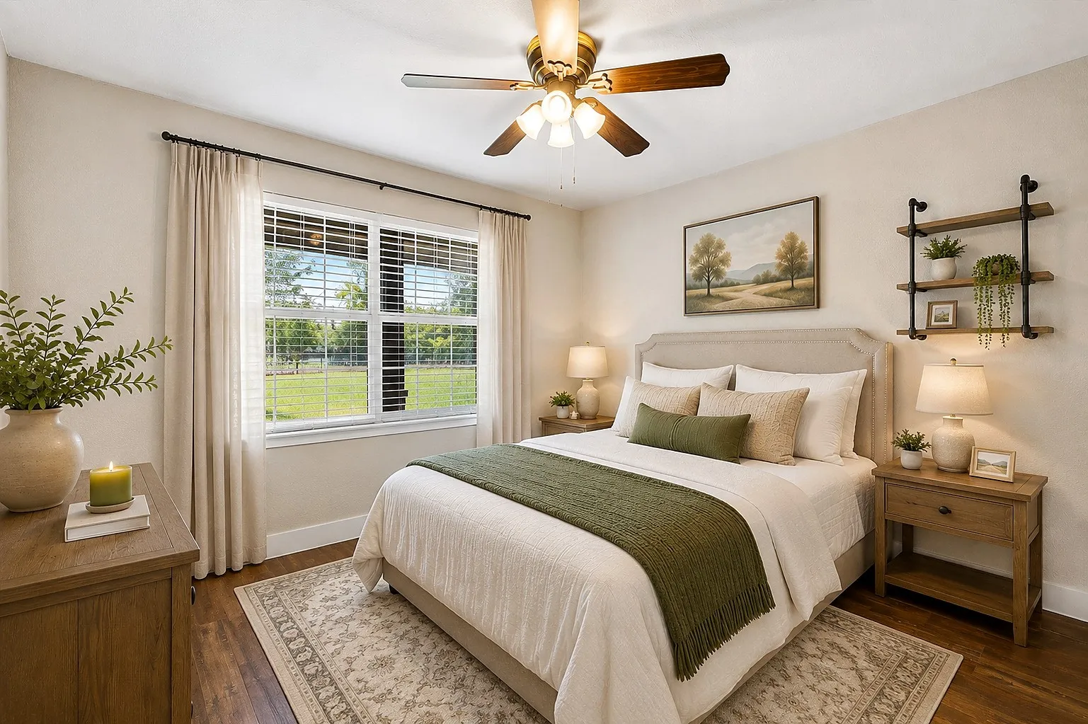 Wood-finish flooring, ceiling fan with integrated lighting, window with blinds, wall-mounted shelving unit, and upholstered headboard