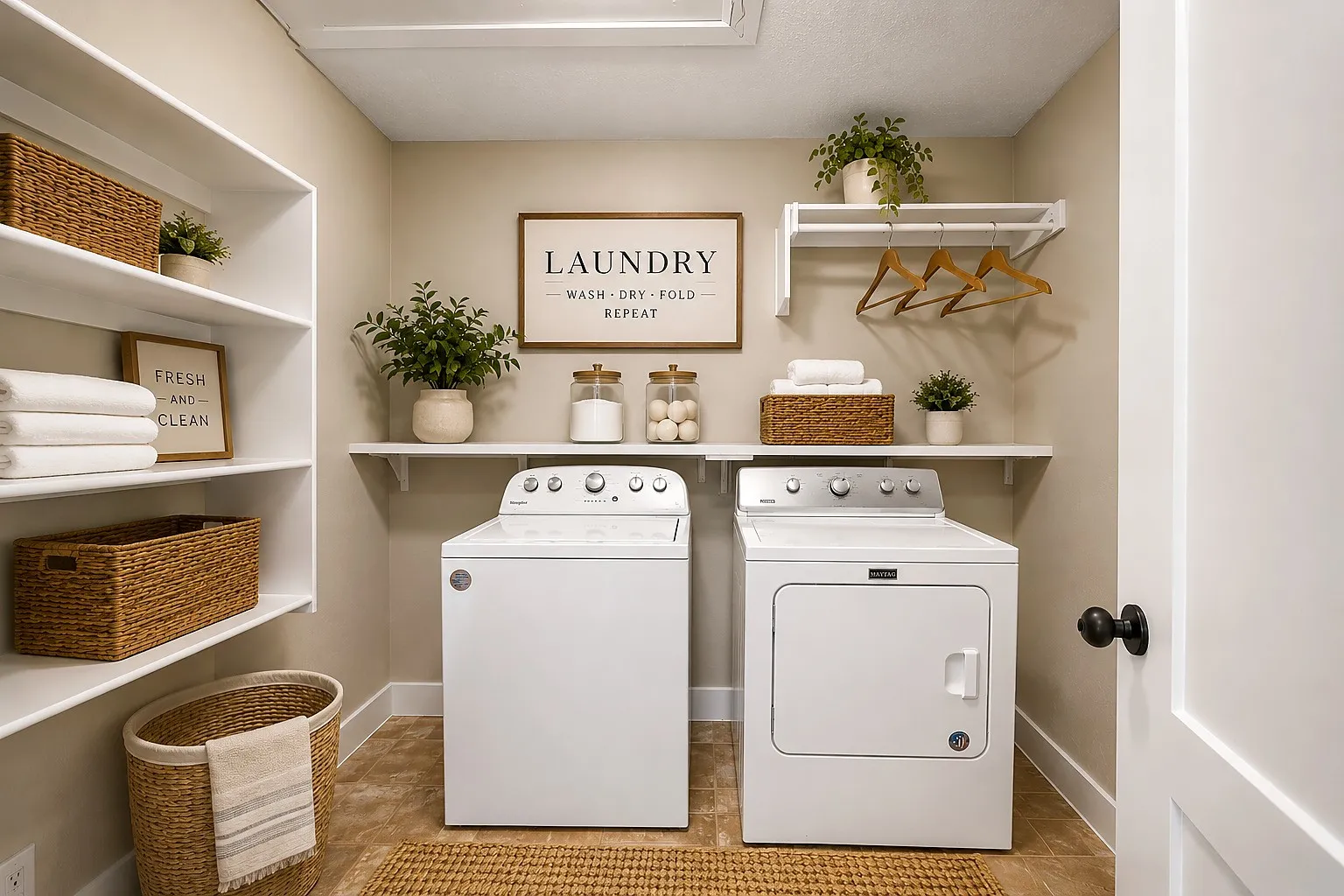 Dedicated laundry space featuring a top-load washing machine and front-load dryer