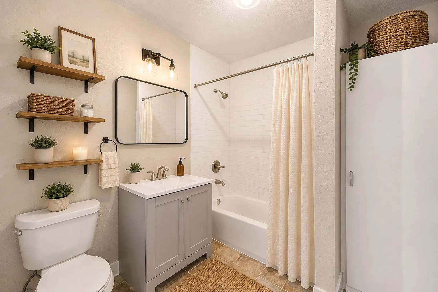 Bathroom featuring a gray vanity with a white countertop, a rectangular mirror, a bathtub with a tiled surround, and wood-finish shelving