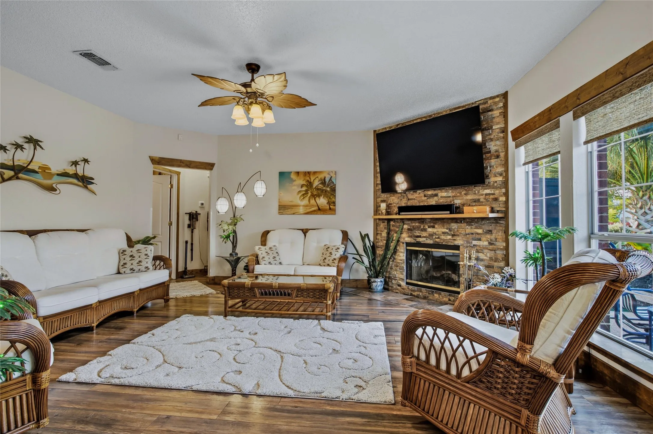 View from the kitchen, walk outside to paradise, relax in front of the fire or have a conversation with those you care about most.