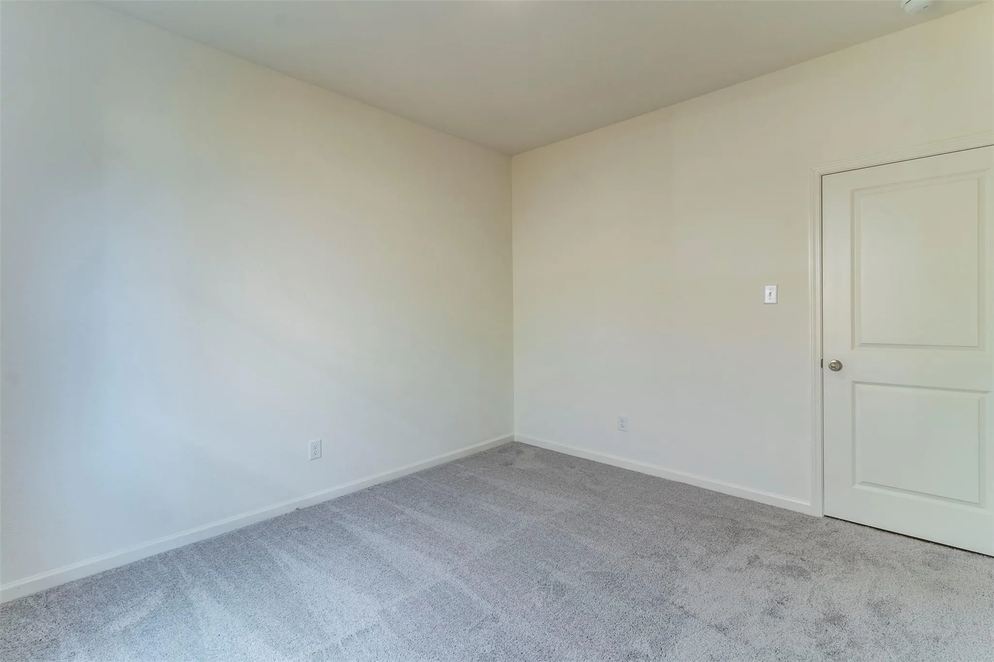 Neutral wall paint, gray carpet flooring, and a paneled interior door with a round knob