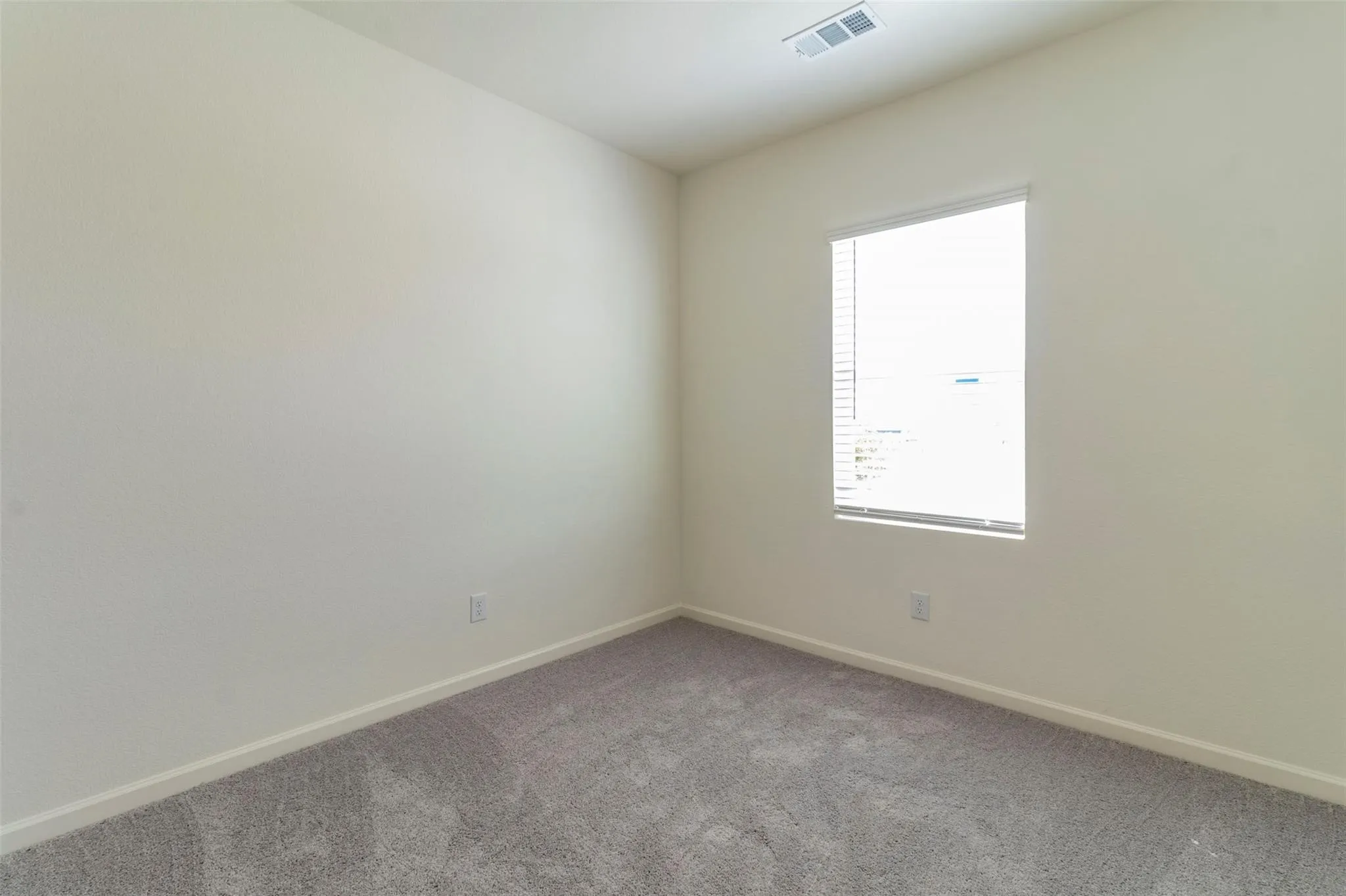 Wall-to-wall carpeting in a neutral tone and a single window with blinds