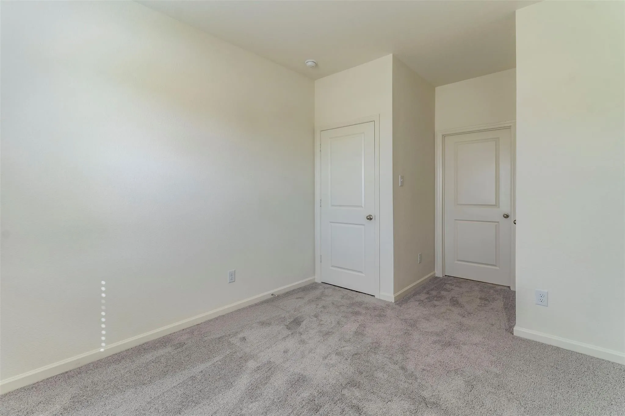 Neutral wall paint, gray carpet flooring, white trim, and two paneled doors