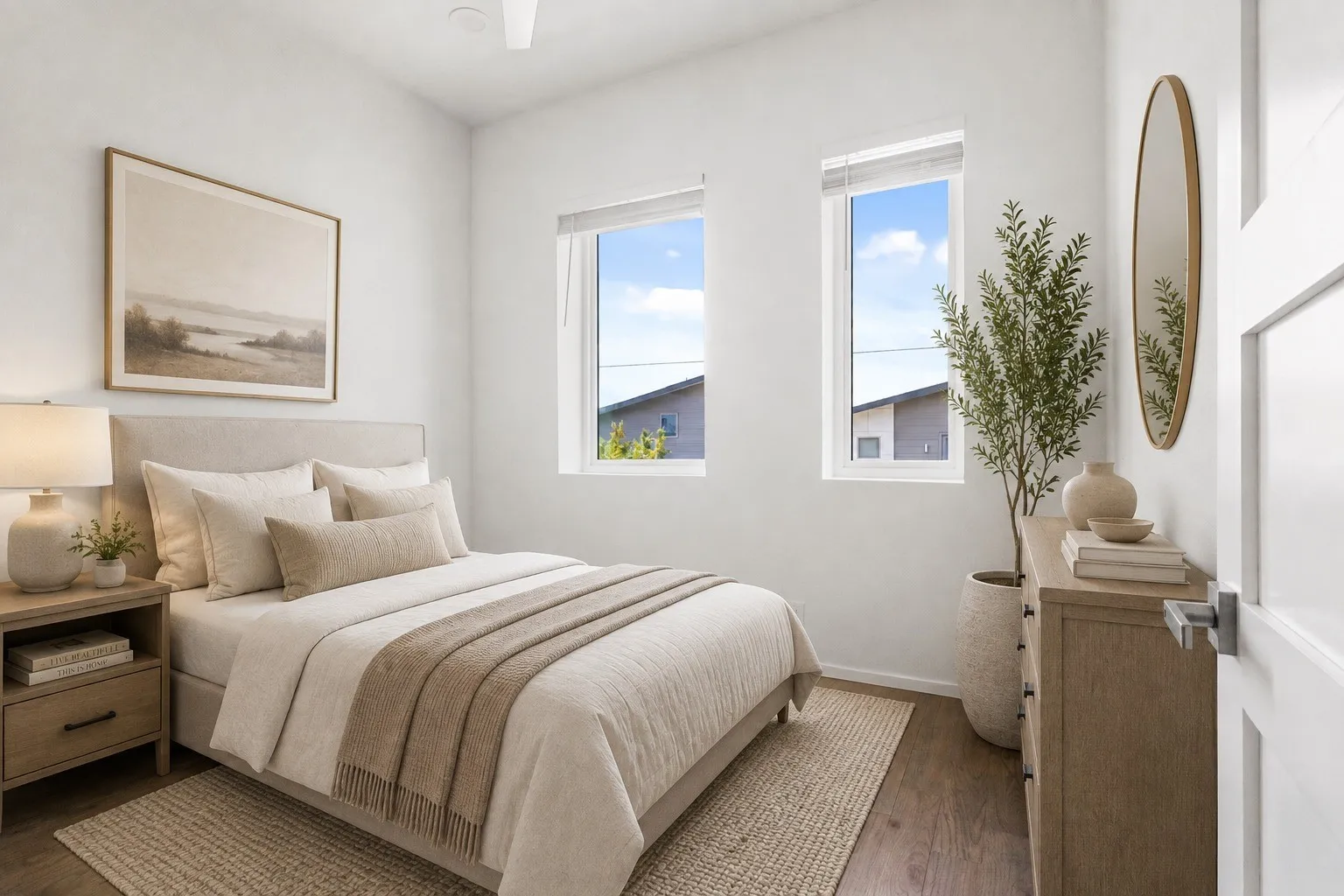 Wood-finish flooring, white walls, and a ceiling fan
