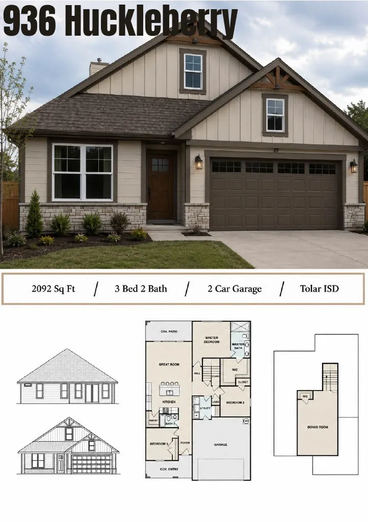 Single Family Residence For Sale in Hood County , 936 Huckleberry Lane, Tolar, Texas 76476, 3 Bedrooms, 2 Bathrooms, 2 Garage spaces, 2,092 Sqft, built in 2026, Price $379,000, mls#21354288, Real Estate Agent in Tolar, Homes For Sale in Hood county, Homes For Sale in Tolar, Realtor in Tolar Texas, Real Estate Brokerage Independent Realty Texas, Luminita Cordes Realtor