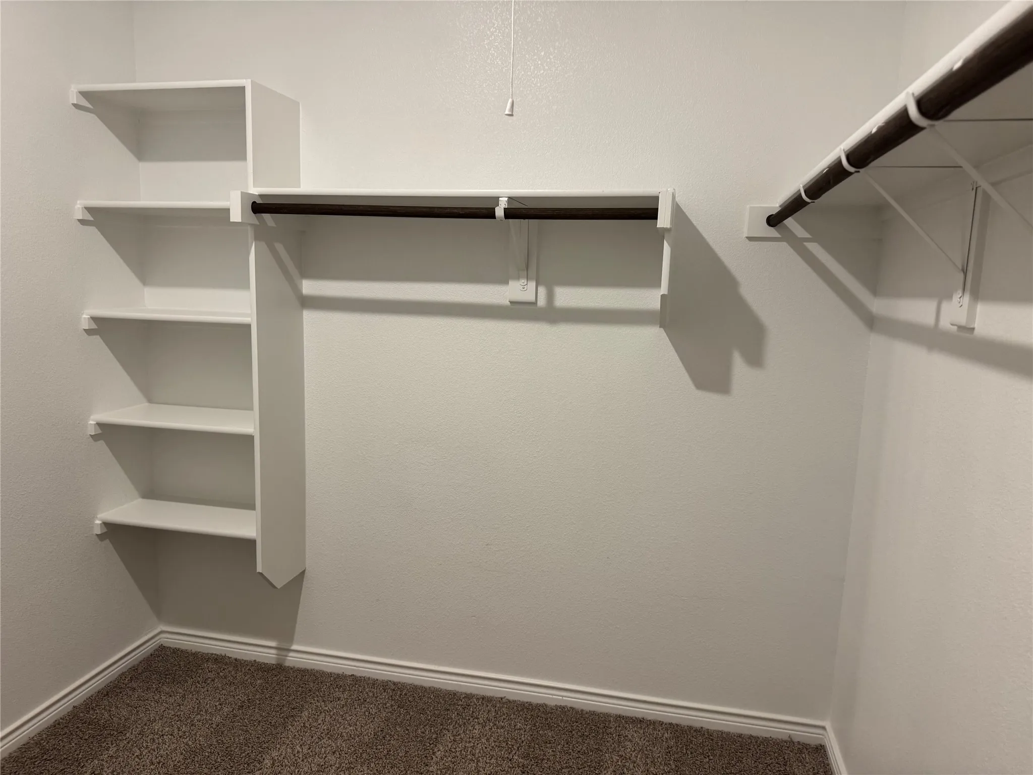 Built-in shelving unit, multiple hanging rods, and carpet flooring