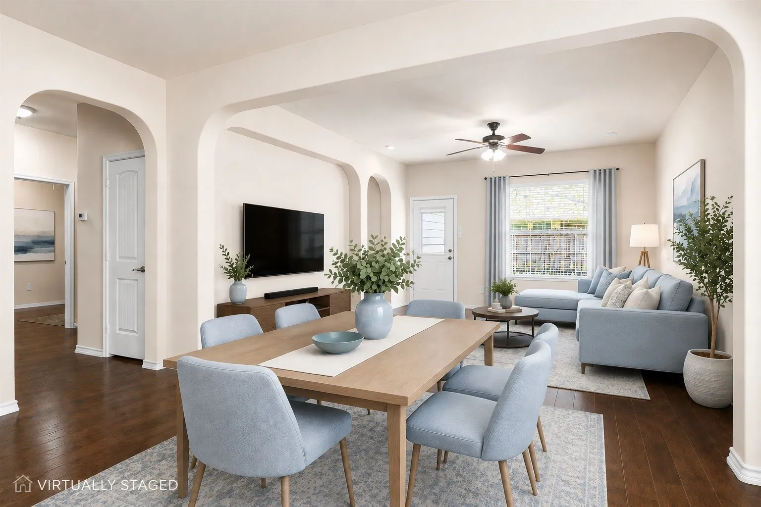Virtually staged dining / living area