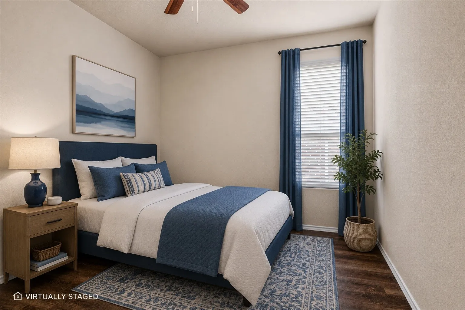 Third bedroom - Wood-finish flooring with neutral wall tones and a ceiling fan