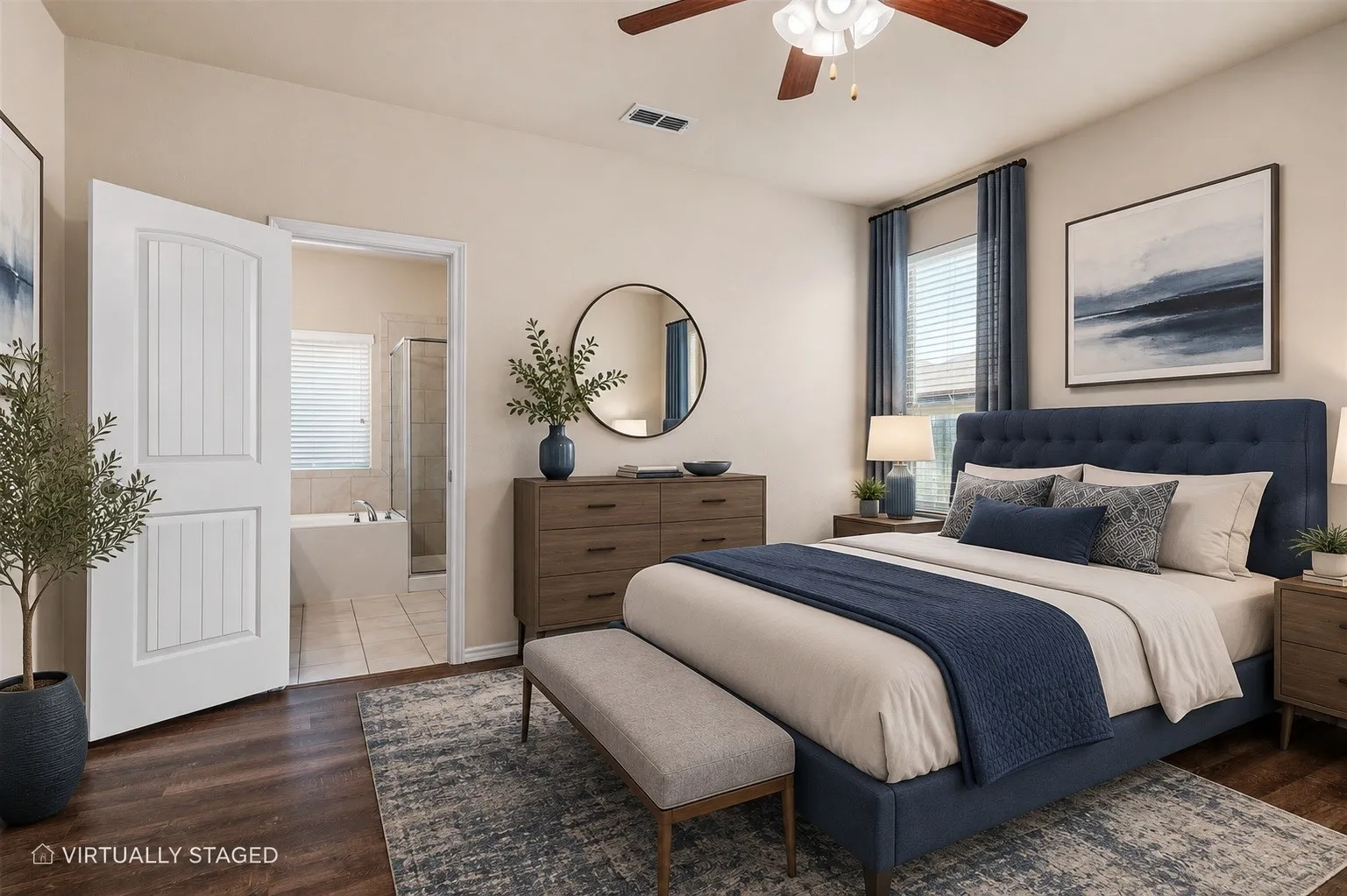 Virtually staged primary bedroom - Wood-finish flooring throughout, ceiling fan with integrated lighting, and window with horizontal blinds