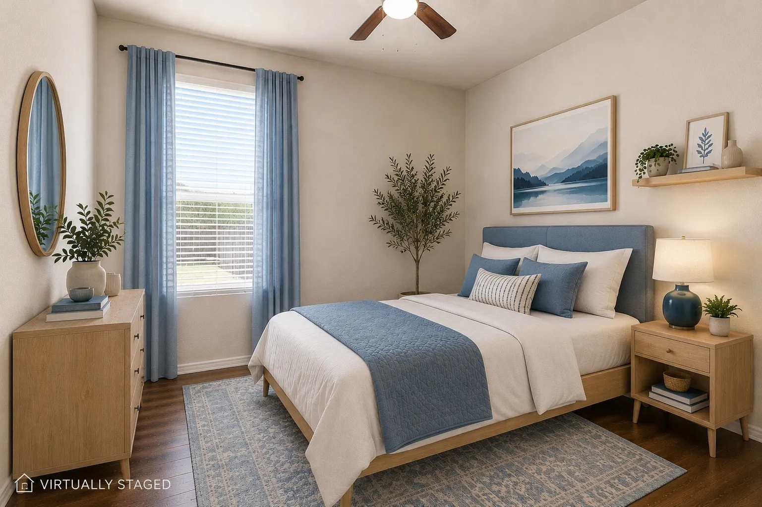 Second bedroom - Ceiling fan with integrated lighting, wood-finish flooring, single window with blinds, light-toned walls, and a built-in floating shelf