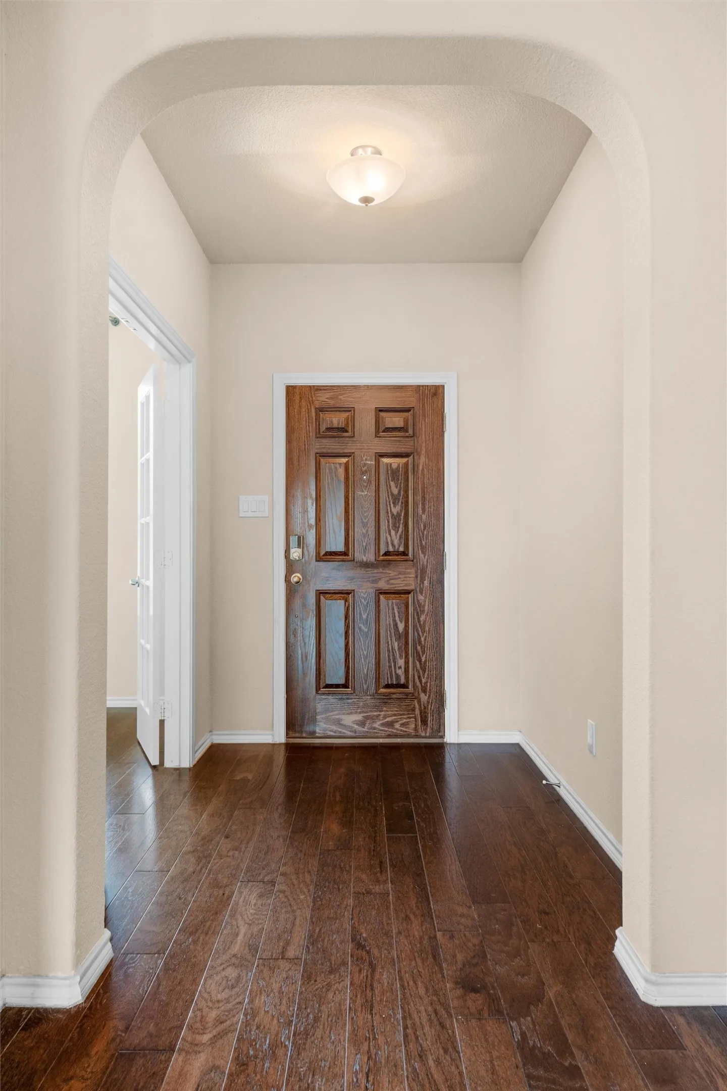 Archway entry with wood-finish flooring, a paneled front door, and a ceiling-mounted light fixture